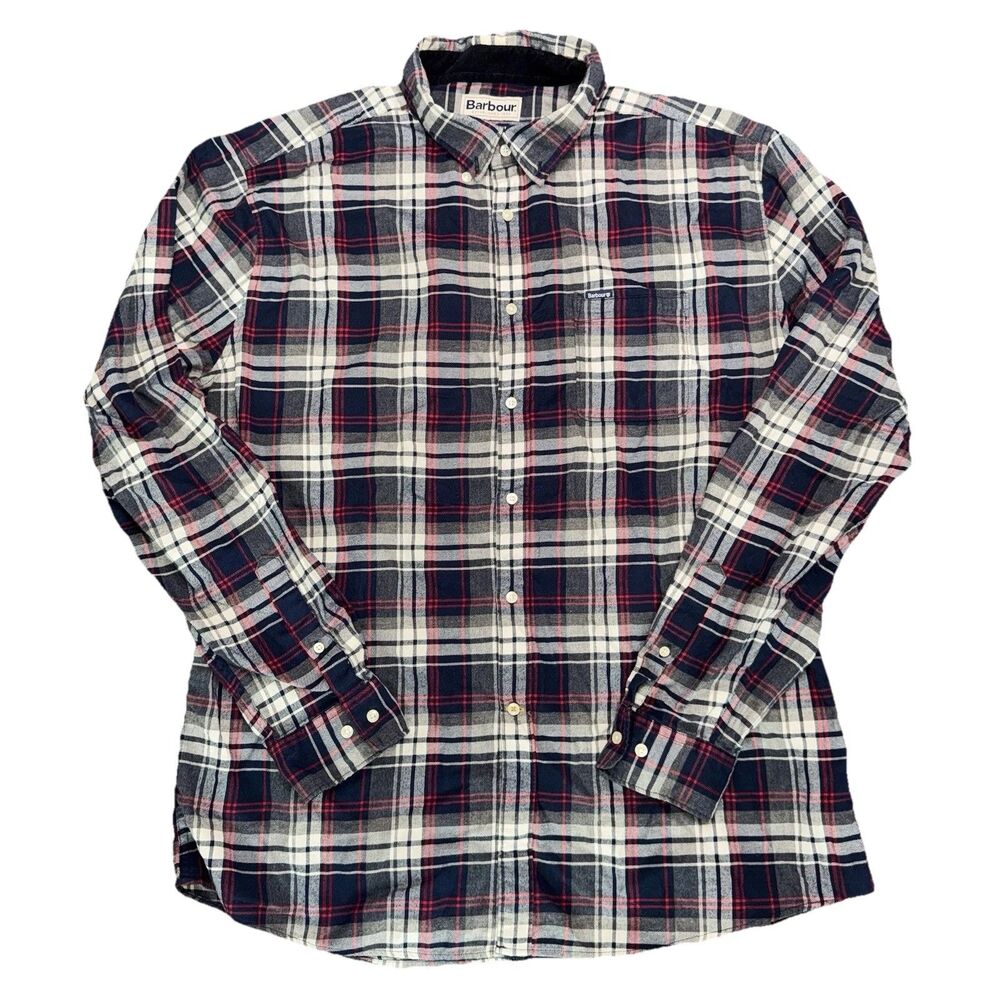 Barbour Flannel Shirt Men Size XL Plaid Tailored Fit Corduroy Collar Red Blue